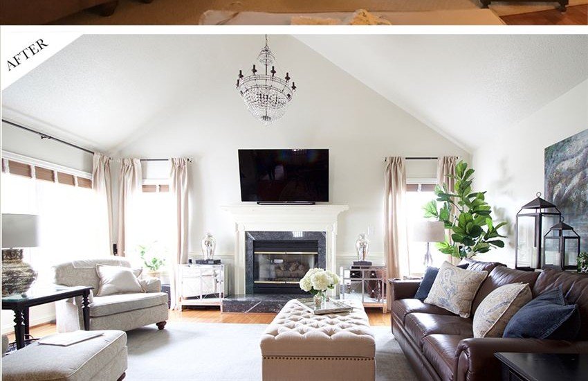 Heavy navy → airy modern lounge after decoration