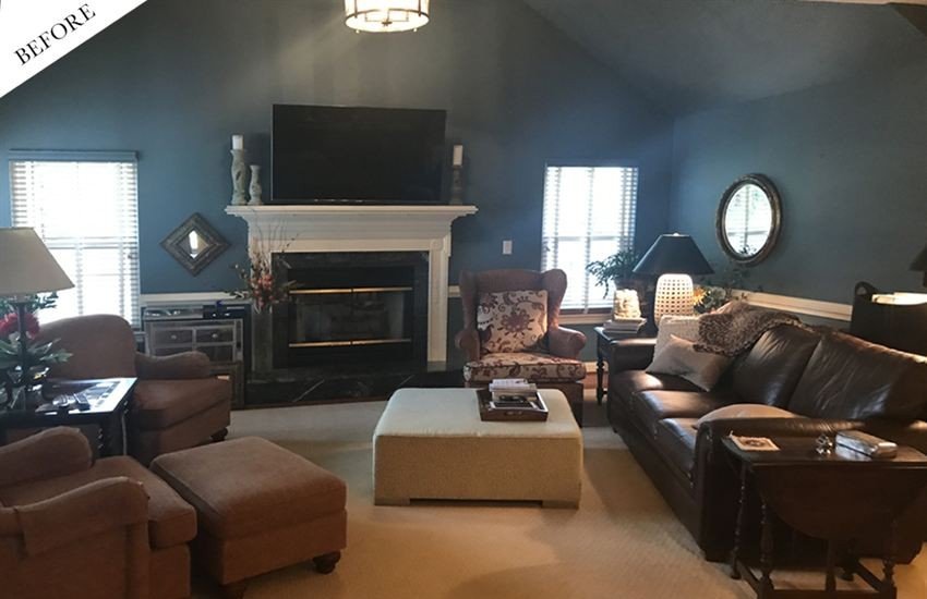 Heavy navy → airy modern lounge before decoration